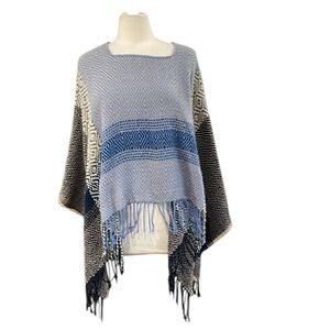 NWT Charming Charlie Multi Knit Pattern Fringed Poncho Sweater O/S Blue Black